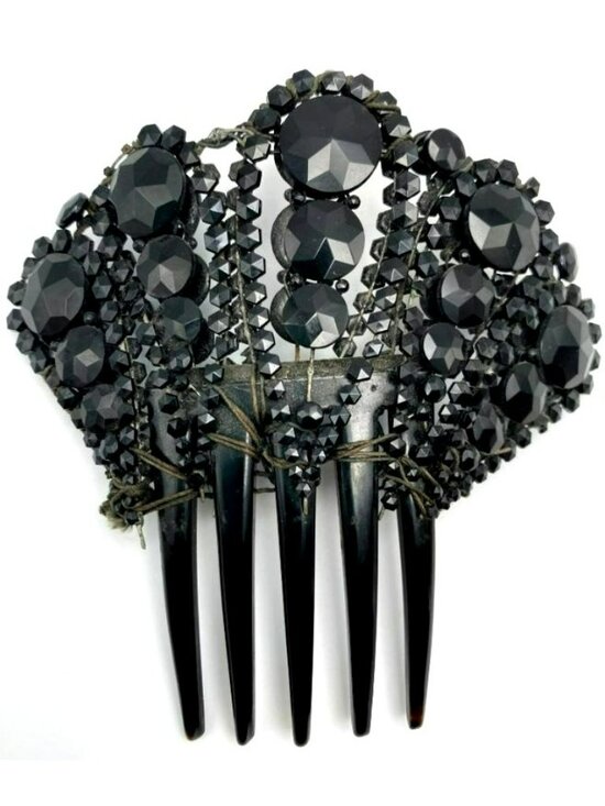 Antique Victorian Mourning Comb Jet Black Beads Beaded Faceted Spanish style main image 4